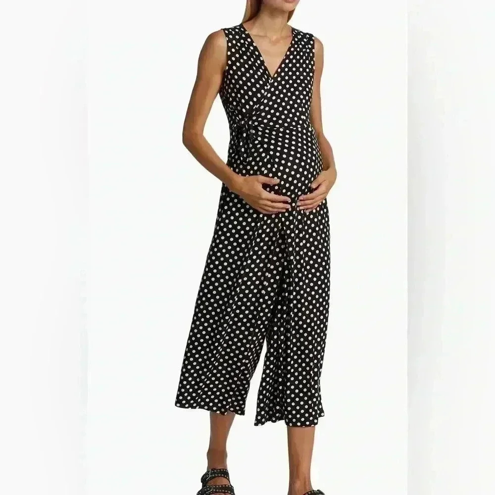 NOM Maternity Polka Dot Francesca Wrap Front‎ Black White Jumpsuit $128 Comfy